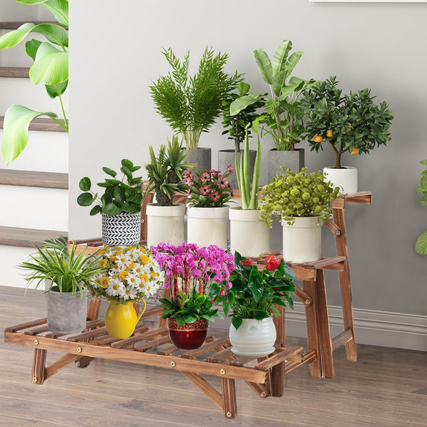 3 Tier Wooden Ladder Style Slatted Plant Shelving Stands