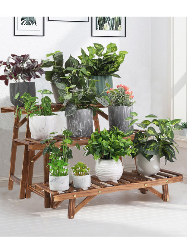 3 Tier Wooden Ladder Style Slatted Plant Shelving Stands