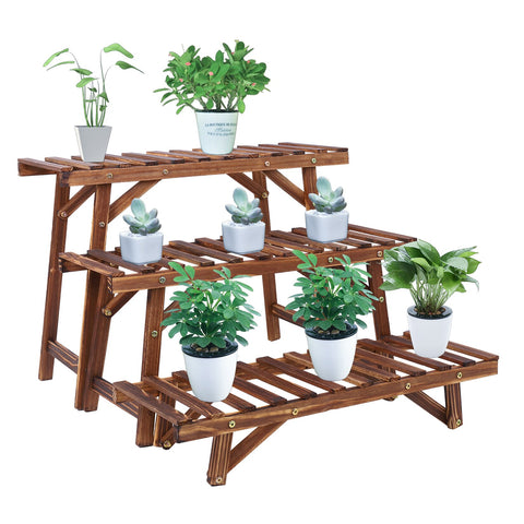 3 Tier Wooden Ladder Style Slatted Plant Shelving Stands